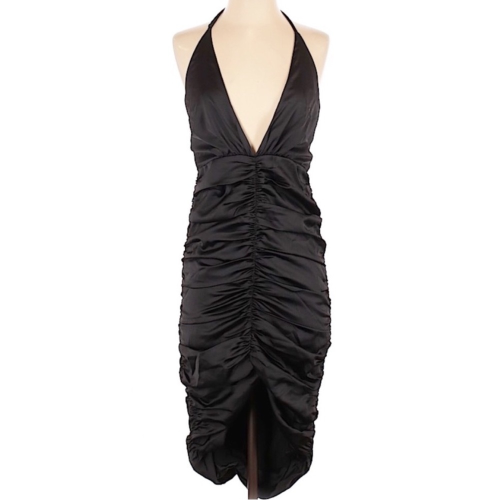 NBD Revolve U Fancy Huh Black Ruched Halter Satin Plunge V-Neck Dress Formal XS - Picture 3 of 7
